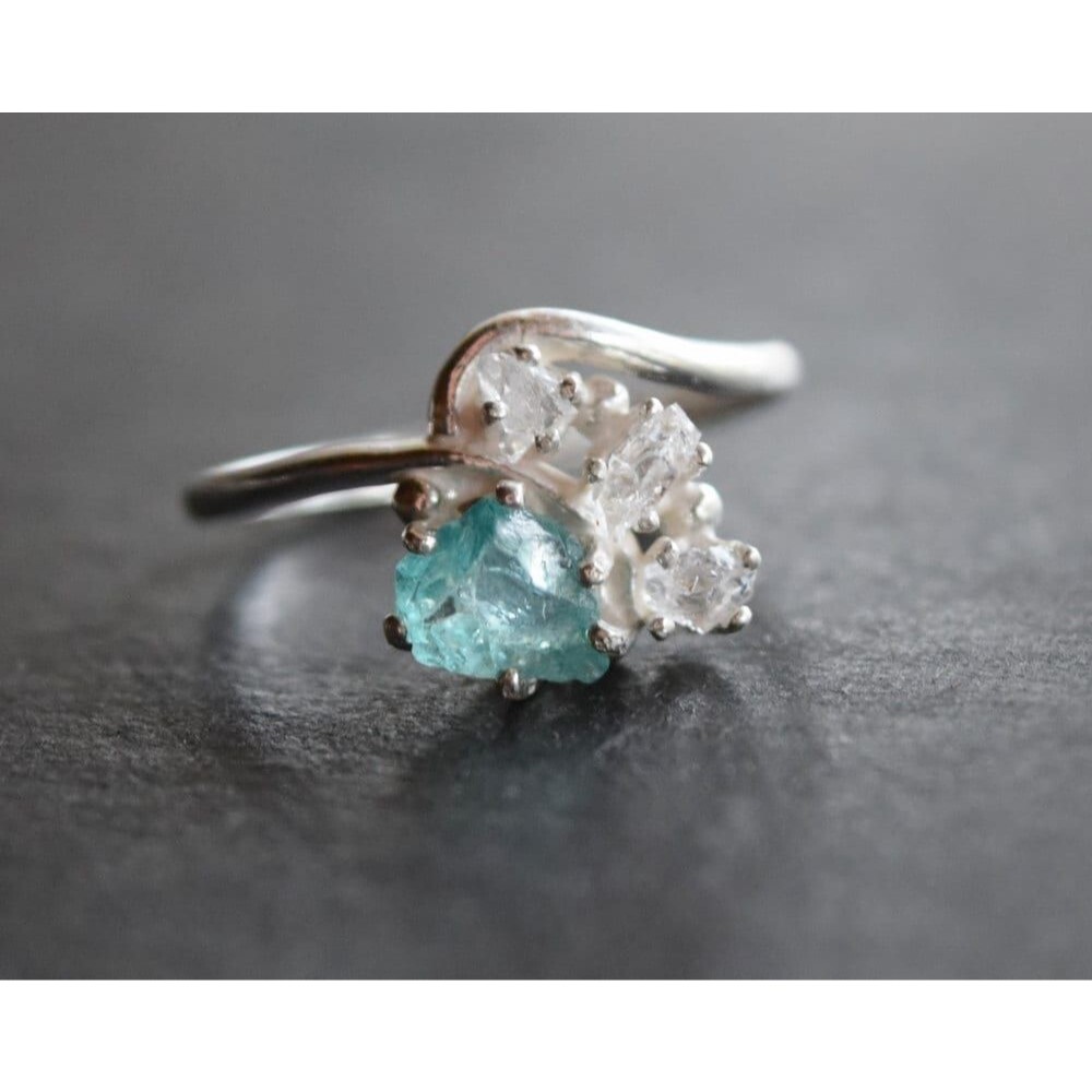 Raw Aquamarine and Diamond Engagement Ring Rough Diamond Wedding Band Unique Gem